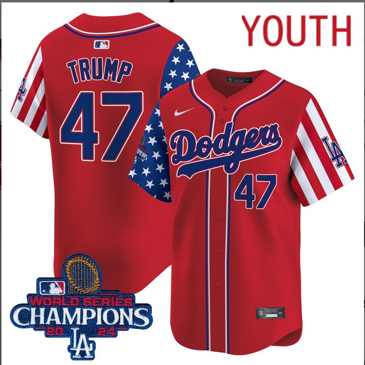 Youth  MLB Los Angeles Dodgers #47 Trump American Style red 2024 World Series Champions  Limited Jersey->youth mlb jersey->Youth Jersey